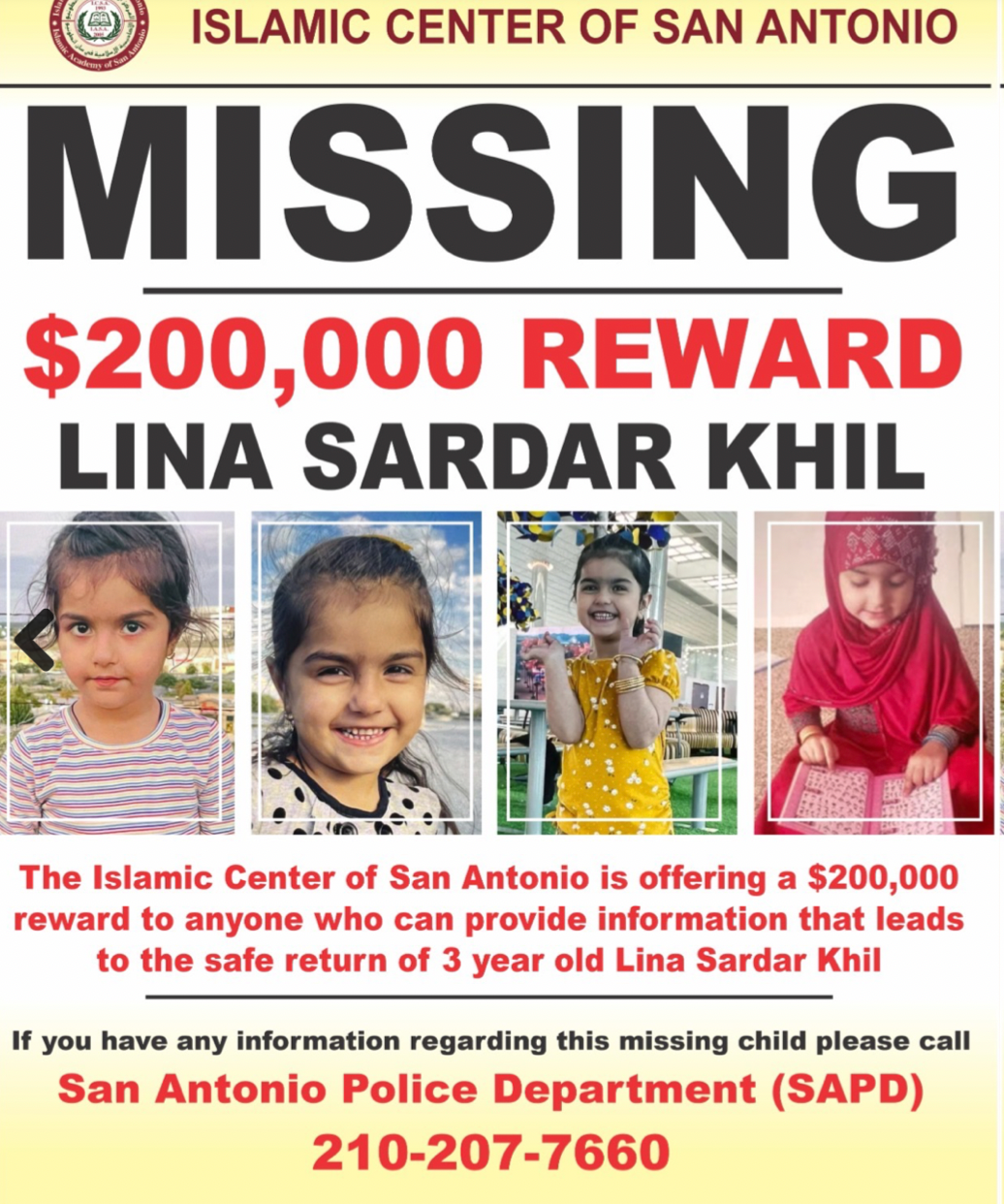 El Centro Islámico de San Antonio y Crime Stoppers ofrecen una recompensa de US$250.000 para que Lina Sardar Khil regrese a salvo