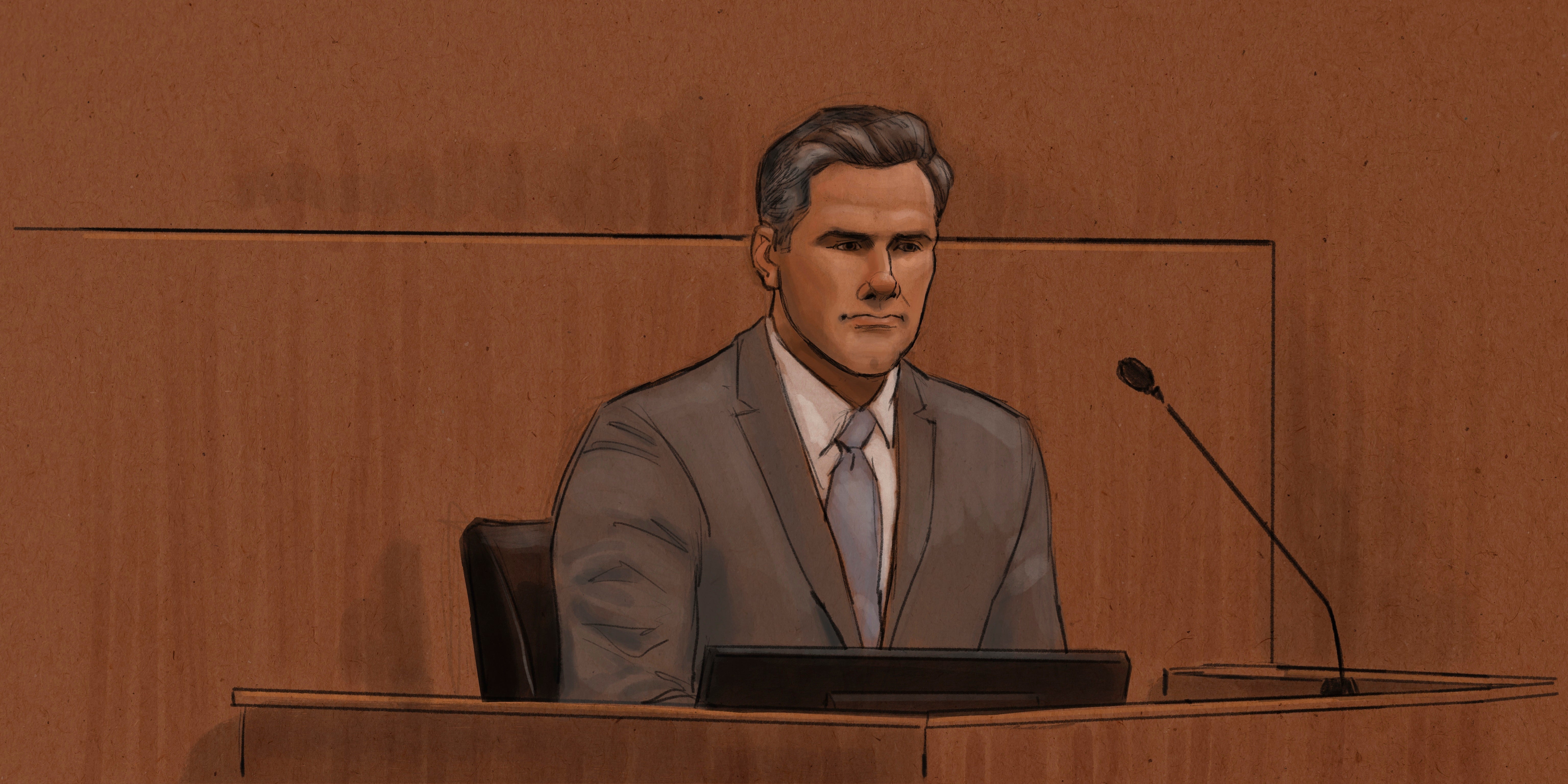 Thomas Lane retratado en un dibujo del tribunal mientras testifica en su juicio