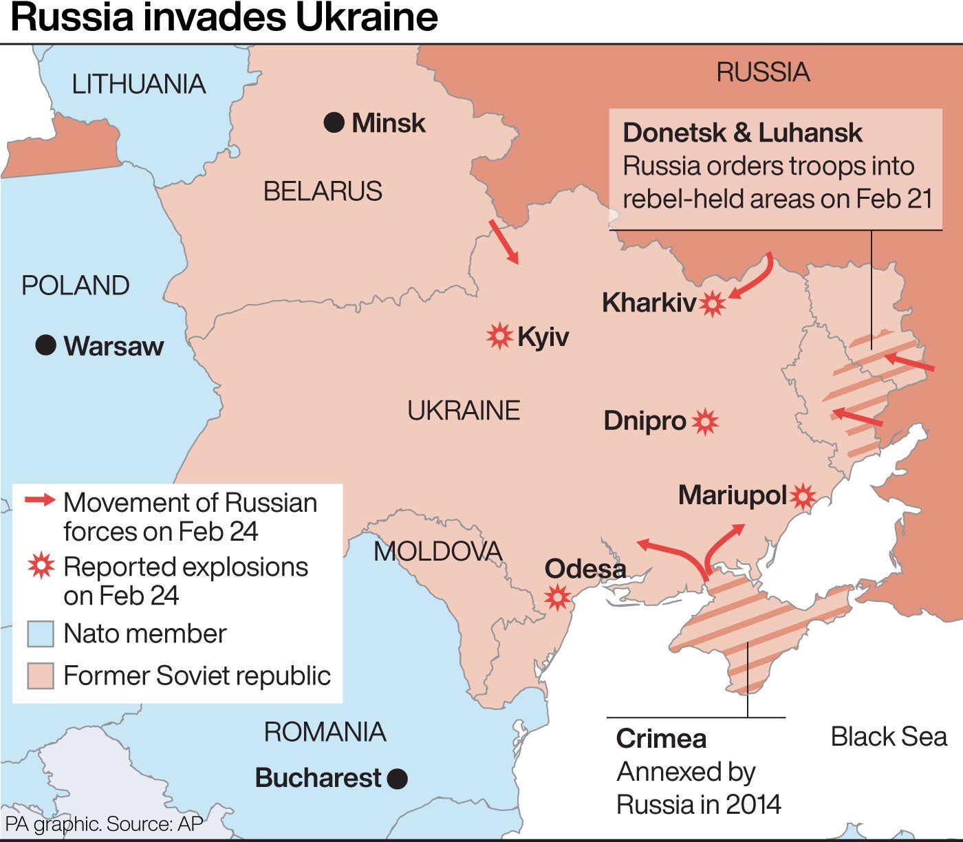 Movimientos de tropas rusas y explosiones reportadas en Ucrania