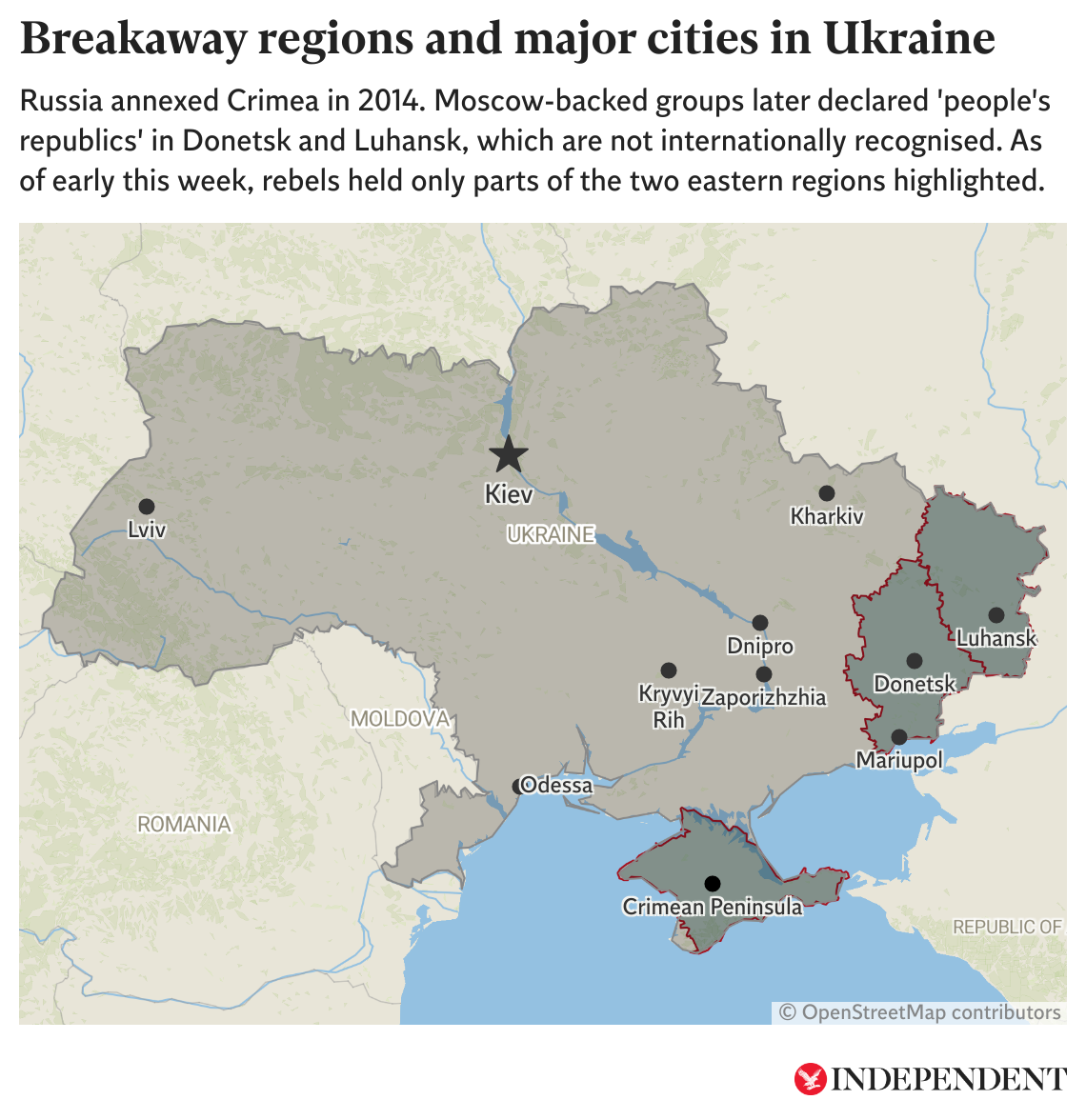 Este mapa muestra las ciudades principales de Ucrania, así como las regiones separatistas respaldadas por Moscú. A inicios de la semana, los rebeldes ocuppaban solo las partes resaltadas de las regiones de Donetsk y Luhansk