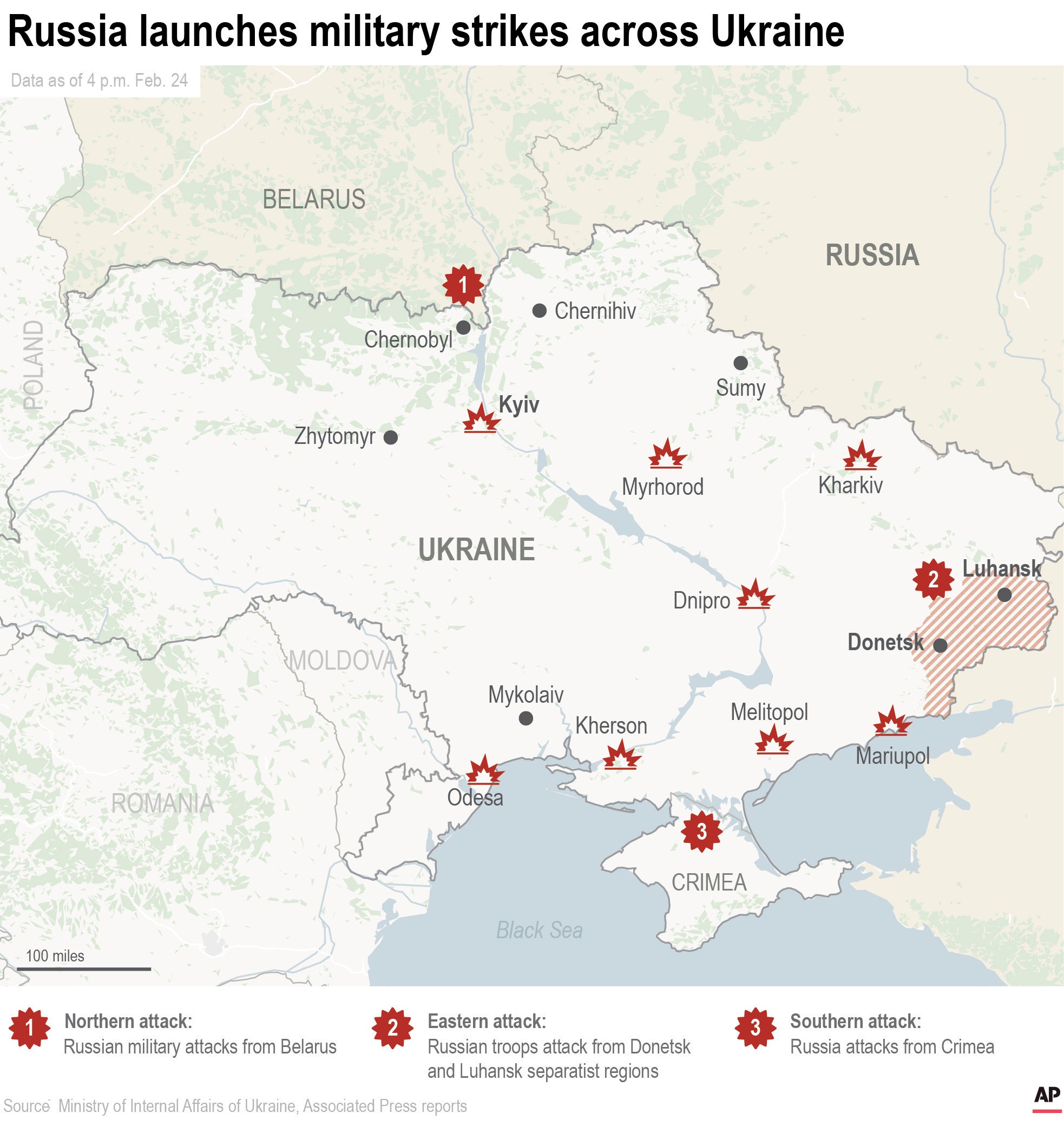 El siguiente mapa muestra las ubicaciones de los ataques militares rusos conocidos dentro de Ucrania después de que Rusia anunciara una invasión militar de Ucrania