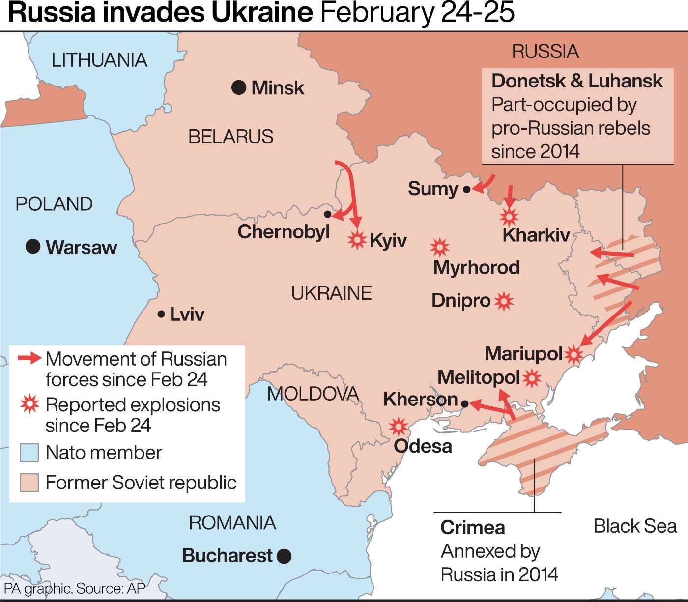 Este mapa muestra el progreso de la invasión de Rusia hacia Ucrania hasta el viernes por la tarde