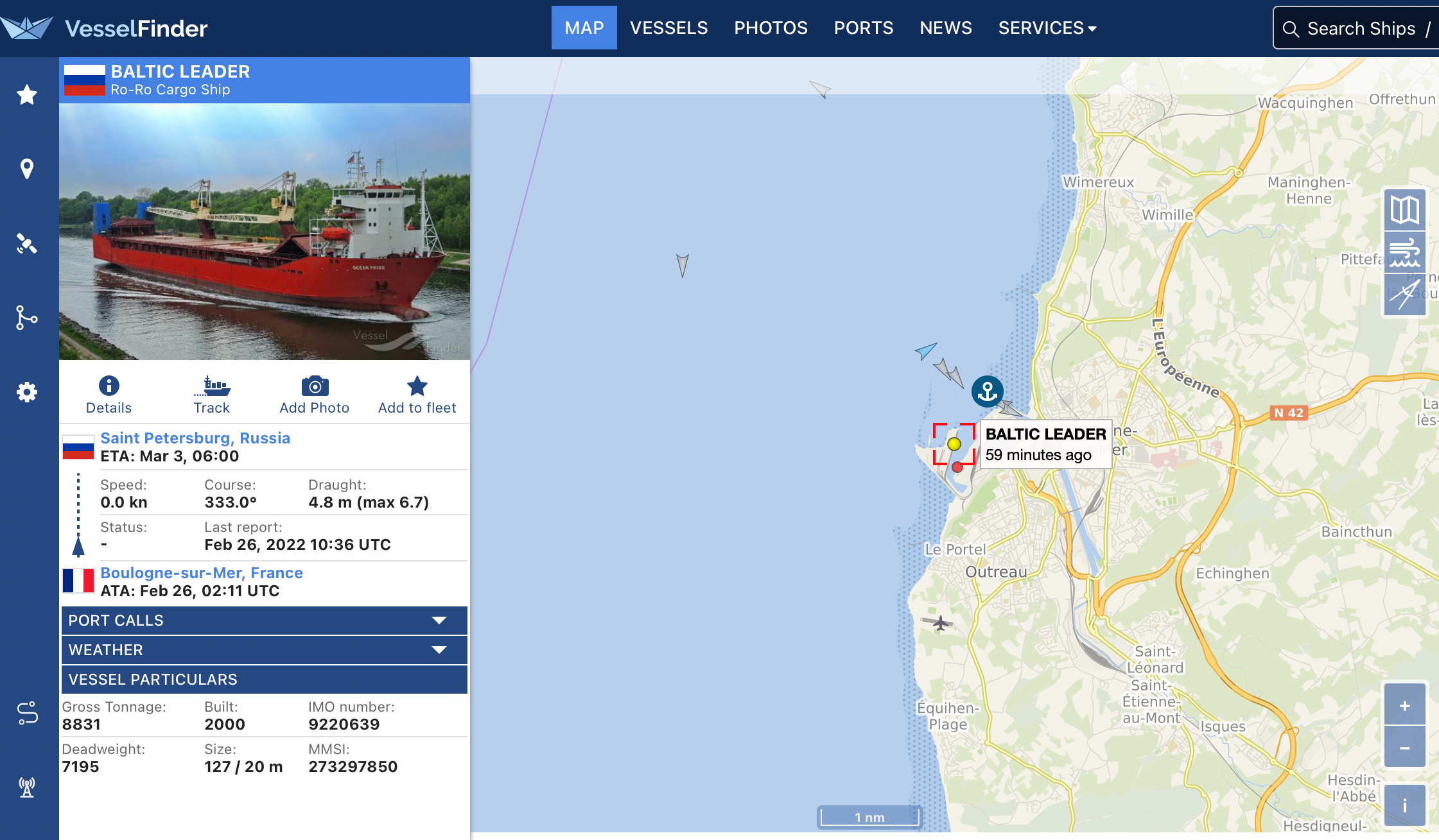 Rastreador que muestra la ubicación del carguero Baltic Leader después de que lo interceptaran