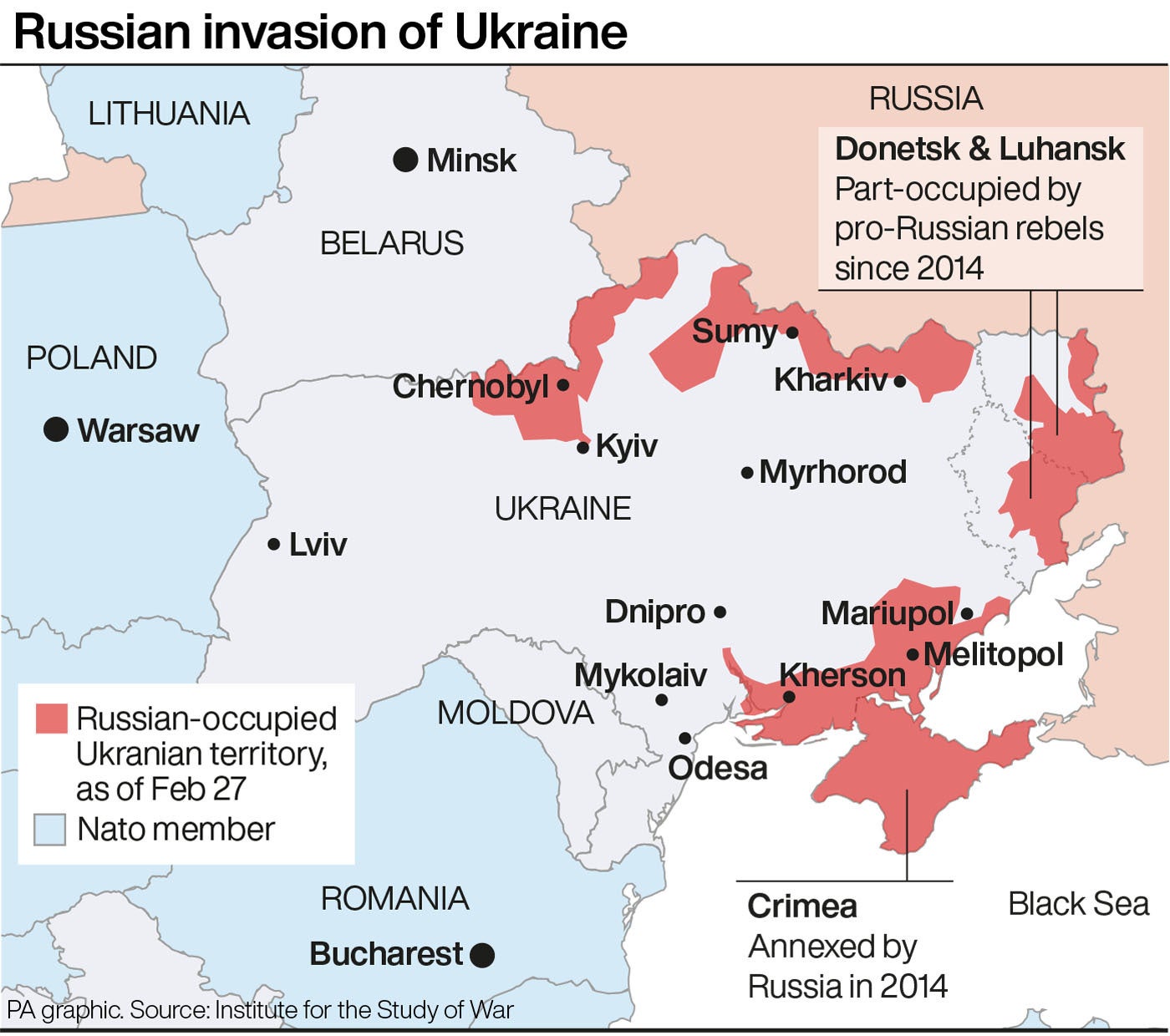 El mapa muestra la extensión de la invasión rusa en Ucrania