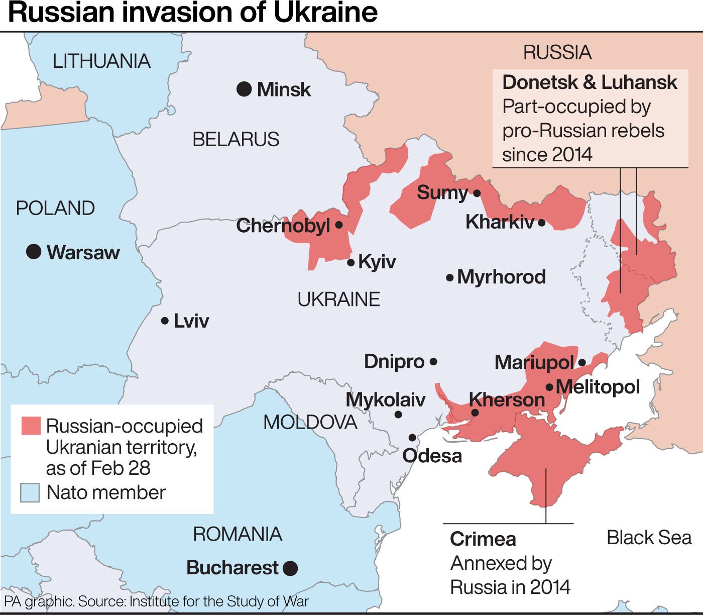 Este mapa muestra el alcance del ataque de Rusia en Ucrania