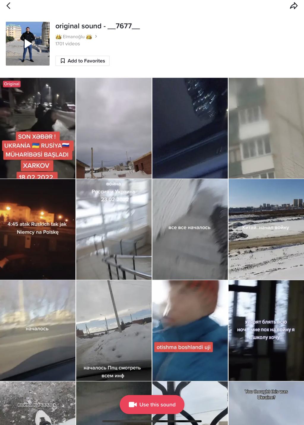 Un ‘collage’ de vídeos de TikTok sobre Ucrania en los que utilizan la misma pista de audio