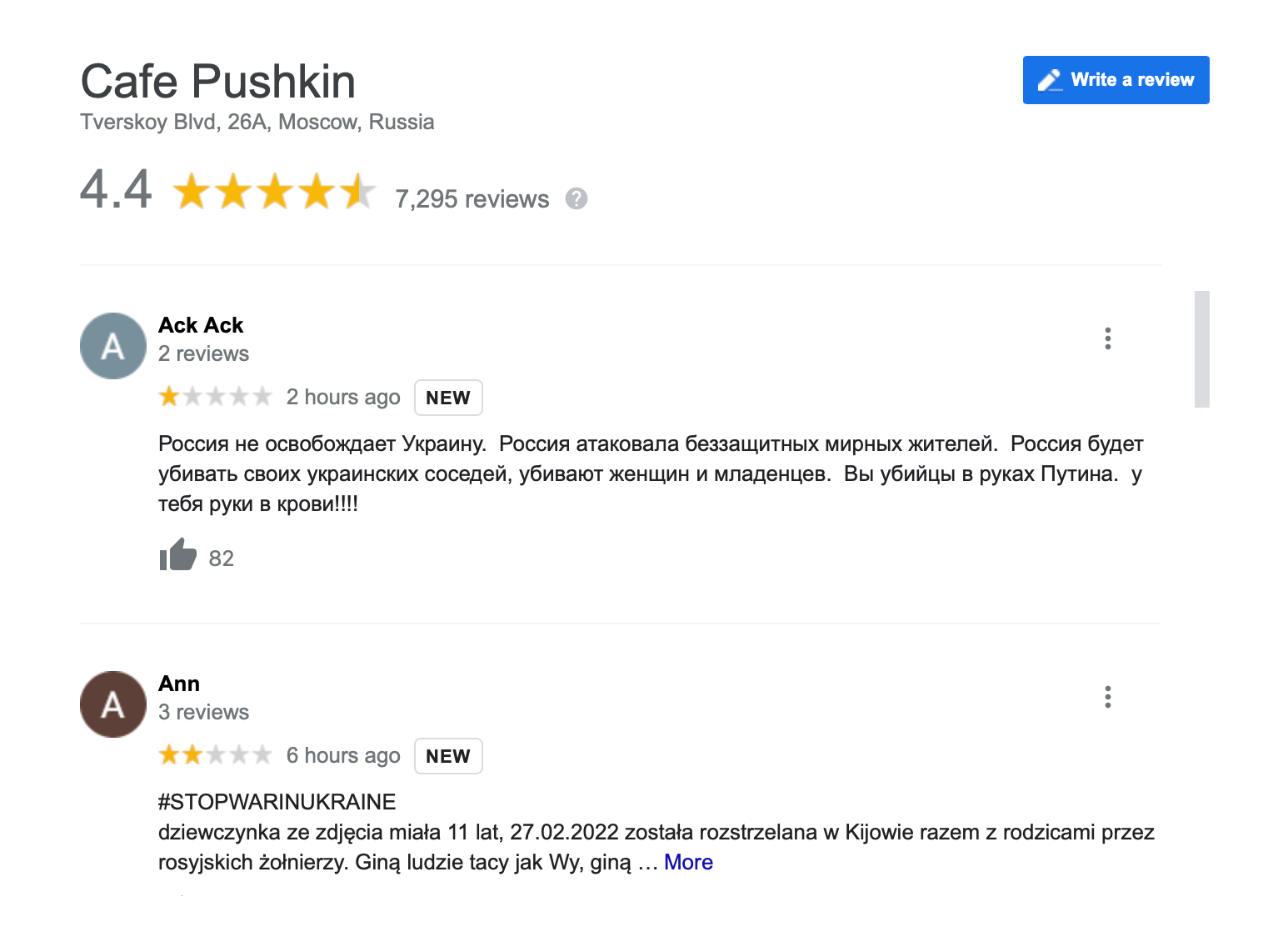Las reseñas de Google Maps del Cafe Pushkin, en Moscú