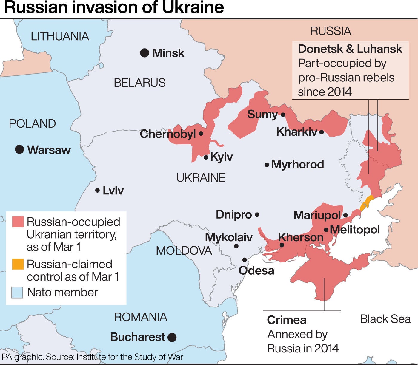 This map shows the extent of Russia’s invasion of Ukraine