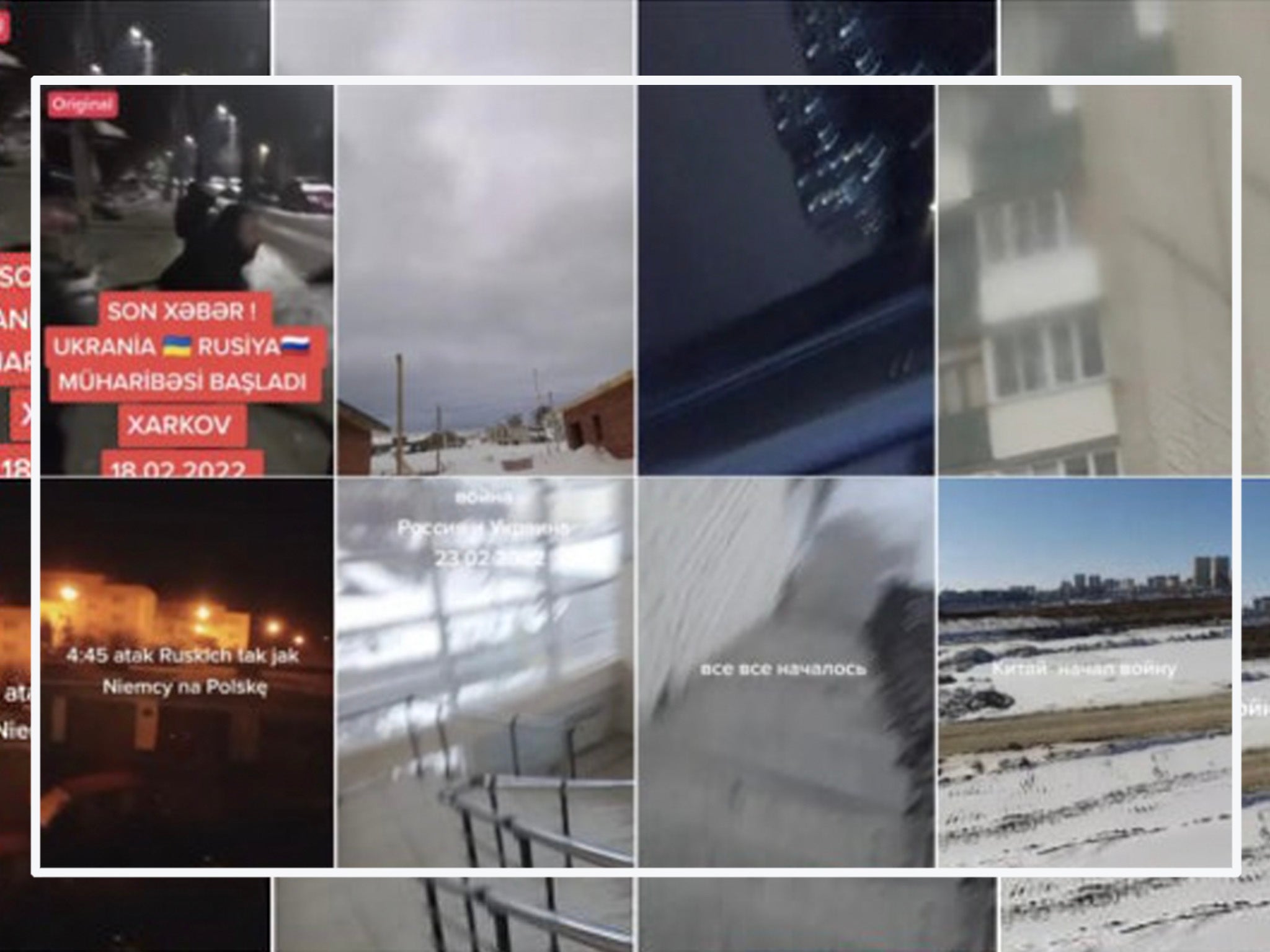 <p>Un ‘collage’ de vídeos de TikTok sobre Ucrania en los que utilizan la misma pista de audio </p>