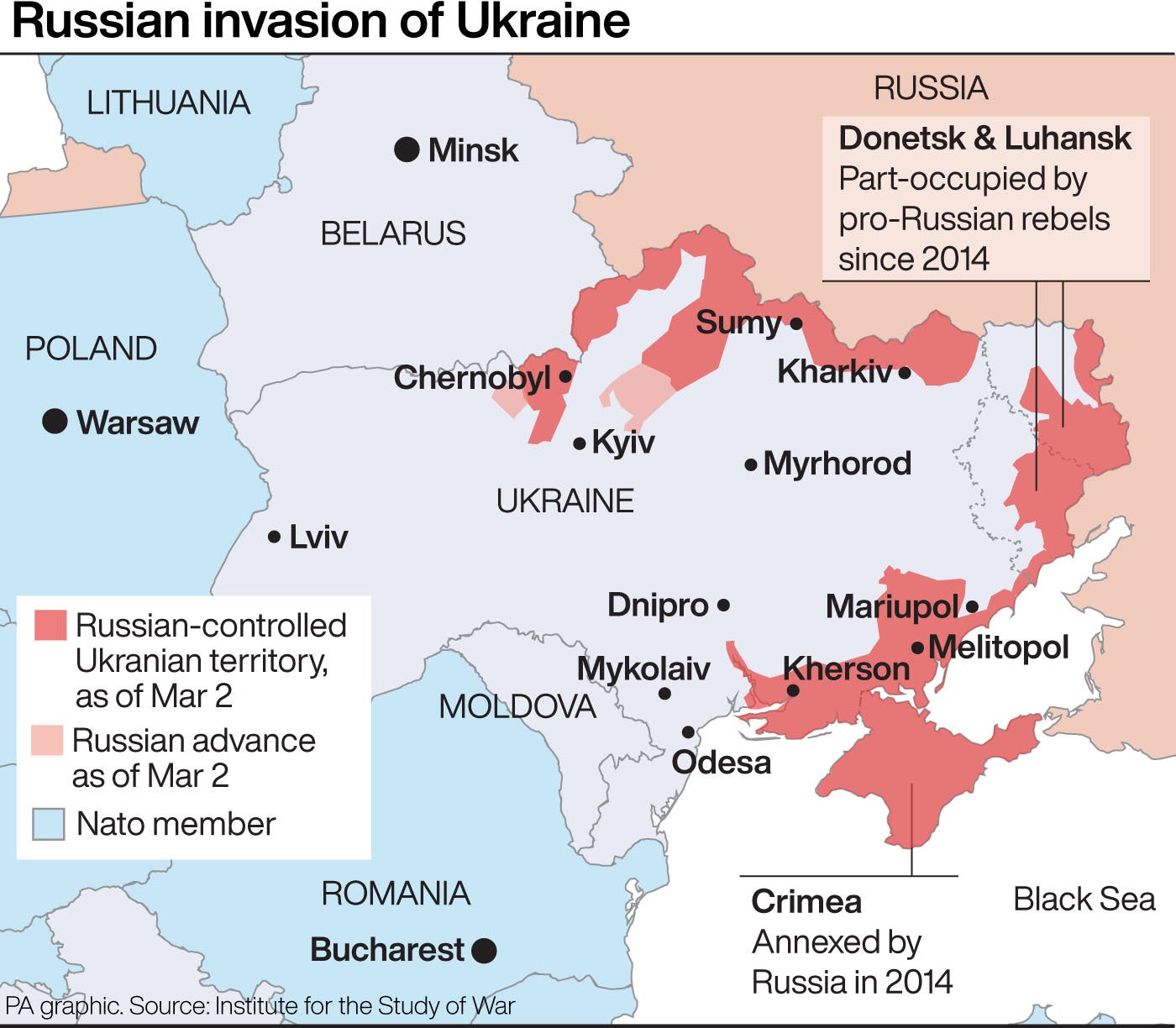 Este mapa muestra las áreas tomadas por las fuerzas rusas en Ucrania