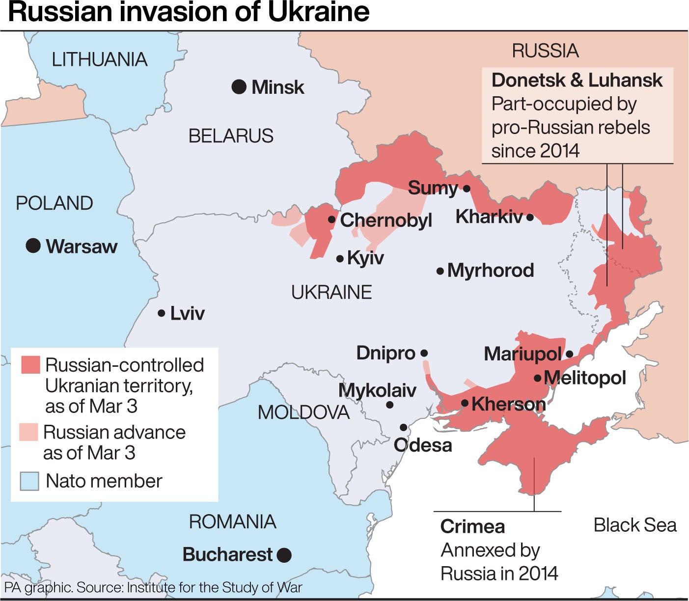 Este mapa muestra el alcance la invasión rusa de Ucrania