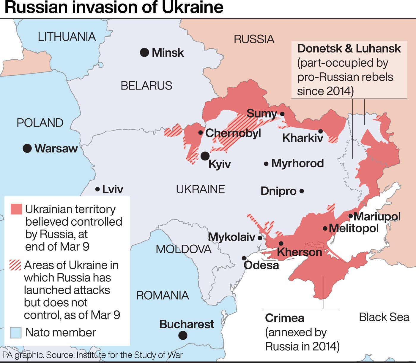 Este mapa muestra el avance de la invasión rusa a Ucrania