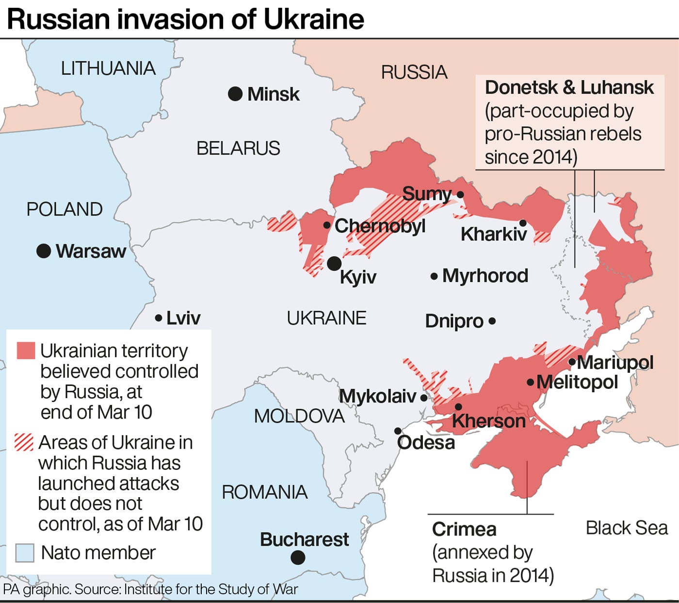 Este mapa muestra la extensión de la invasión rusa a Ucrania