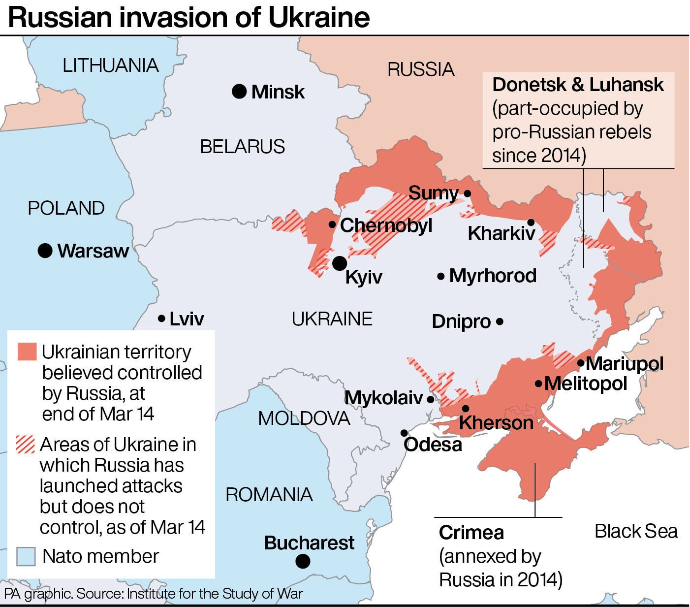 Este mapa muestra el alcance de la invasión rusa de Ucrania