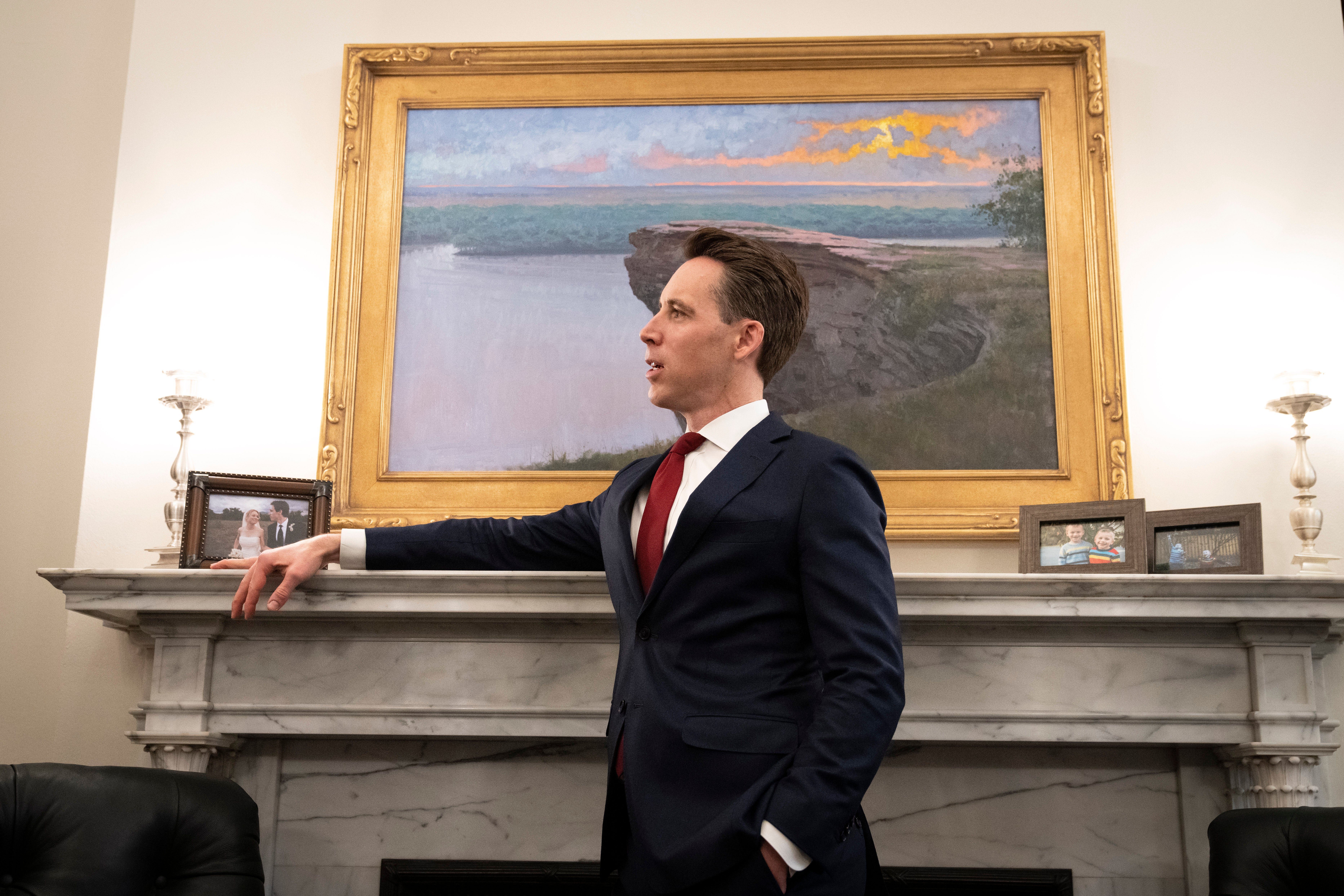 WASHINGTON, DC - MARCH 9: Sen. Josh Hawley (R-MO) waits for Supreme Court Nominee Ketanji Brown Jackson to arrive at his office on Capitol Hill March 9, 2022 in Washington, DC. Supreme Court nominee Ketanji Brown Jackson continued to meet with Senate members on Capitol Hill ahead of her confirmation hearings. (Photo by Drew Angerer/Getty Images)