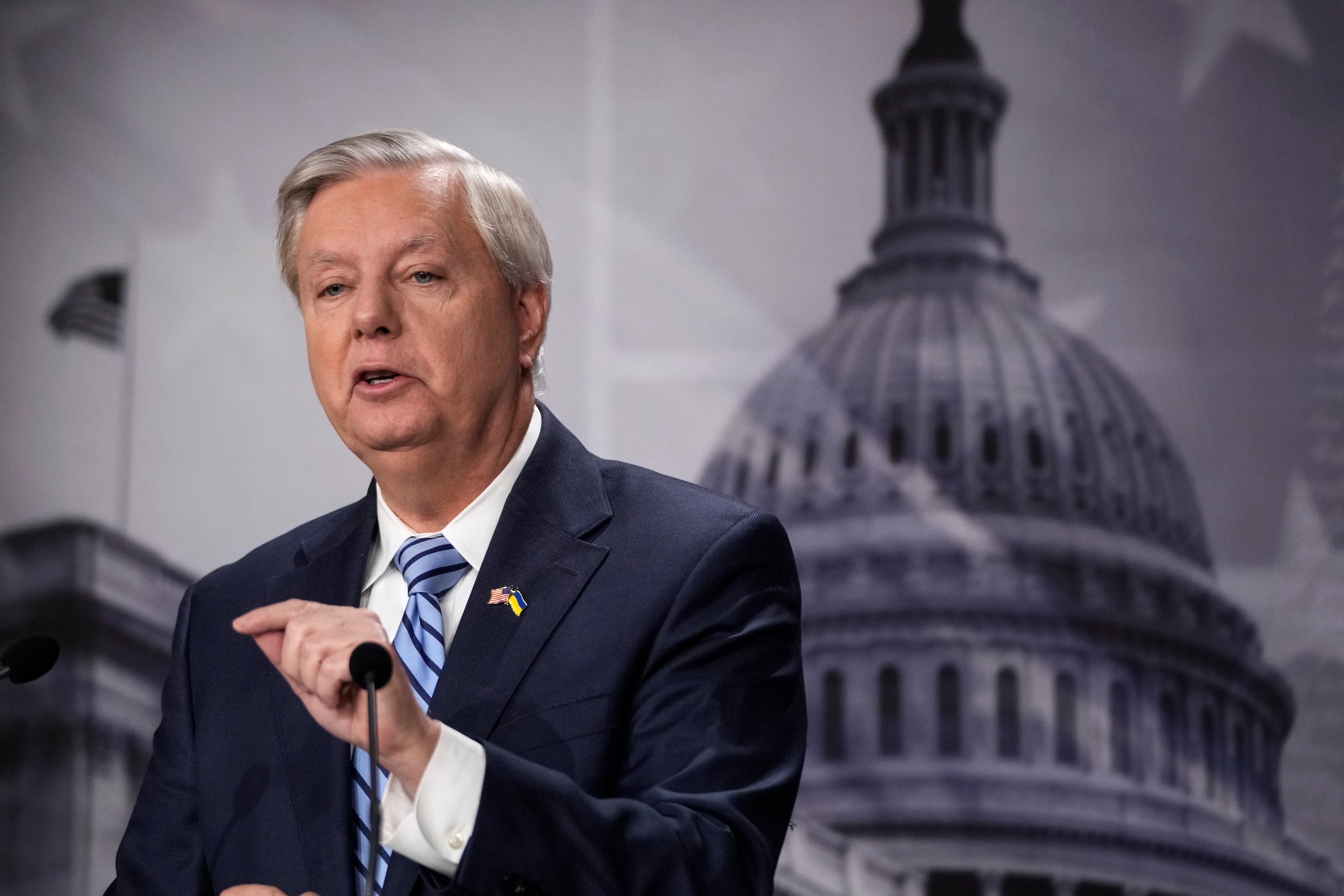 WASHINGTON, DC - MARCH 16: Sen. Lindsey Graham (R-SC) speaks about the Russian invasion in Ukraine, during a news conference at the U.S. Capitol March 16, 2022 in Washington, DC. Graham urged the Biden administration for the transfer of MiG warplanes to Ukraine via Poland. (Photo by Drew Angerer/Getty Images)