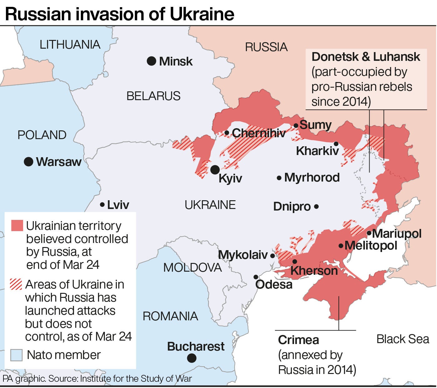 Este mapa muestra el alcance de la invasión rusa en Ucrania hasta el 25 de marzo
