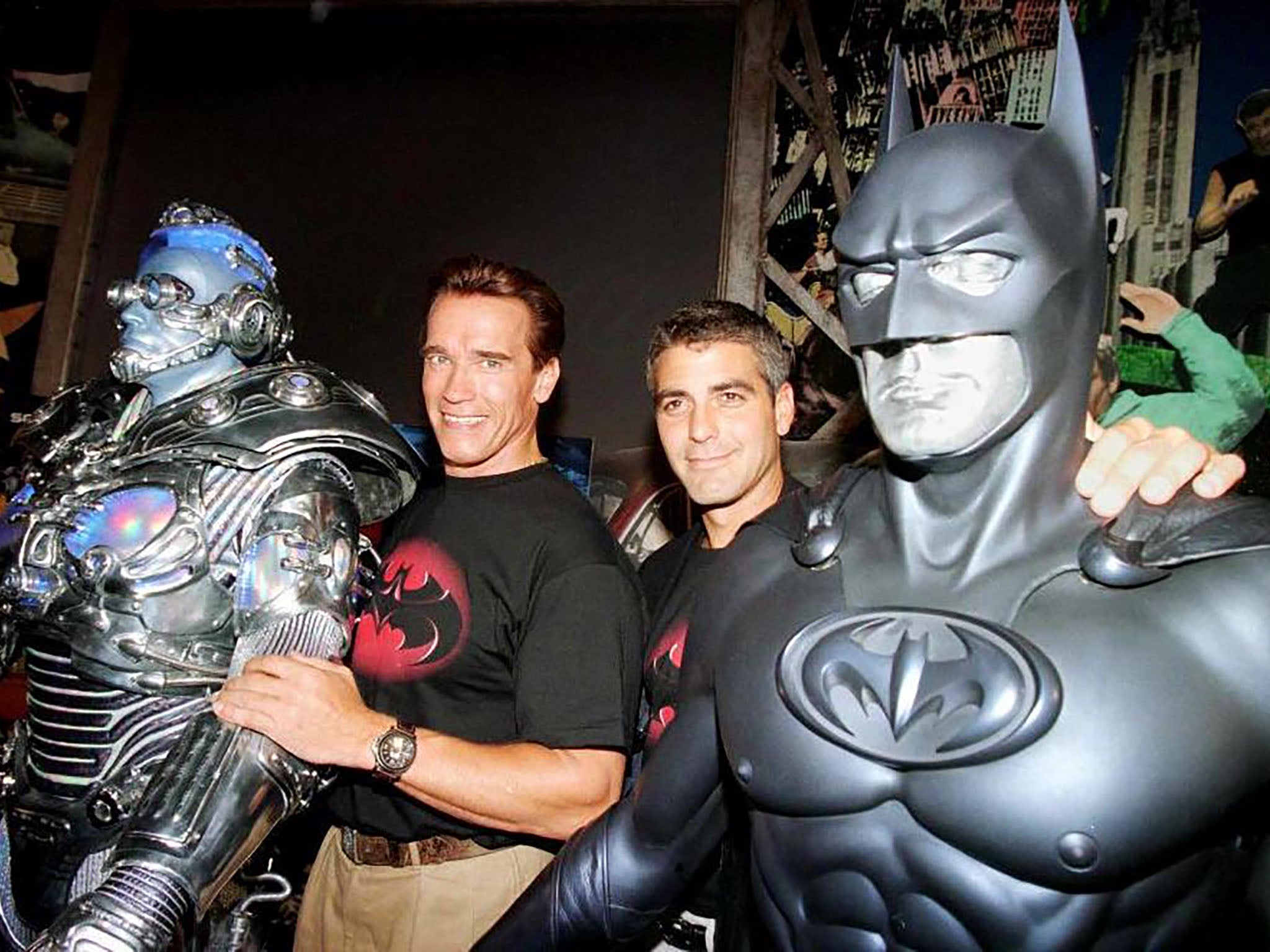 Arnold Schwarzenegger and George Clooney attend a ‘Batman & Robin’ press event at Planet Hollywood in 1997