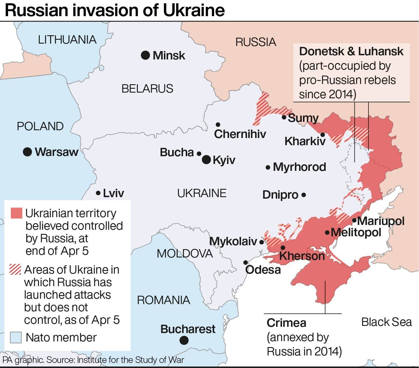 Este mapa muestra el alcance la invasión rusa de Ucrania hasta el 5 de abril