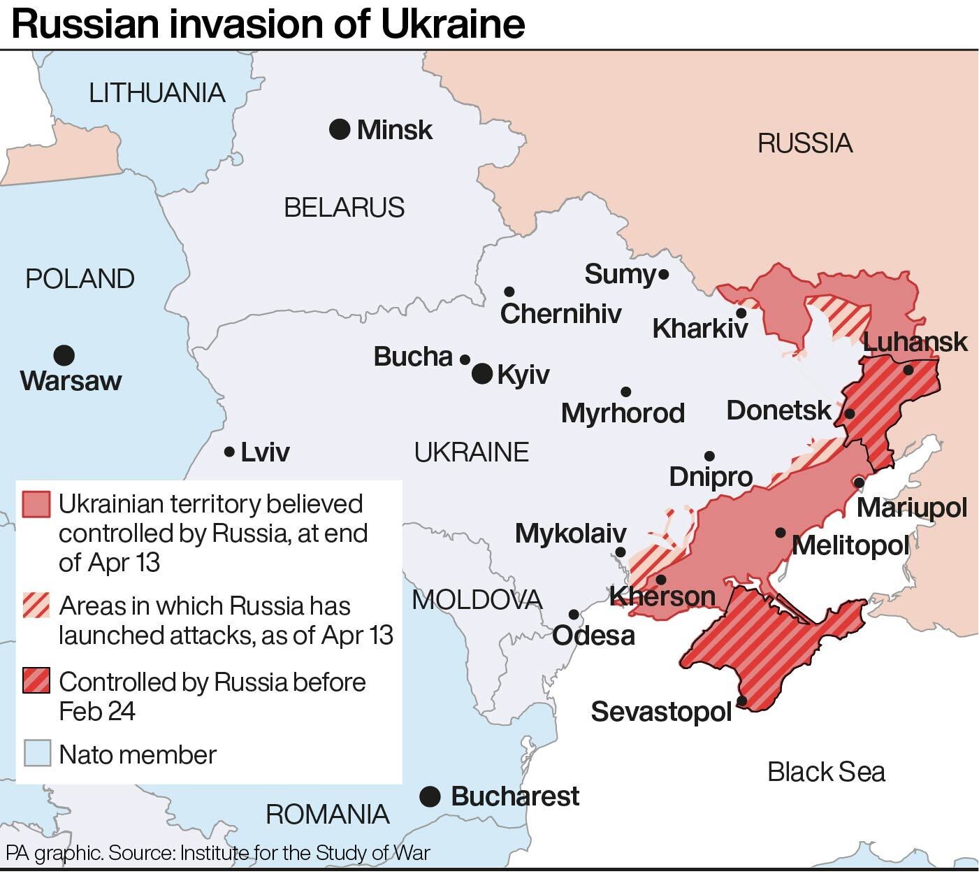 Este mapa muestra la extensión de la invasión rusa de Ucrania
