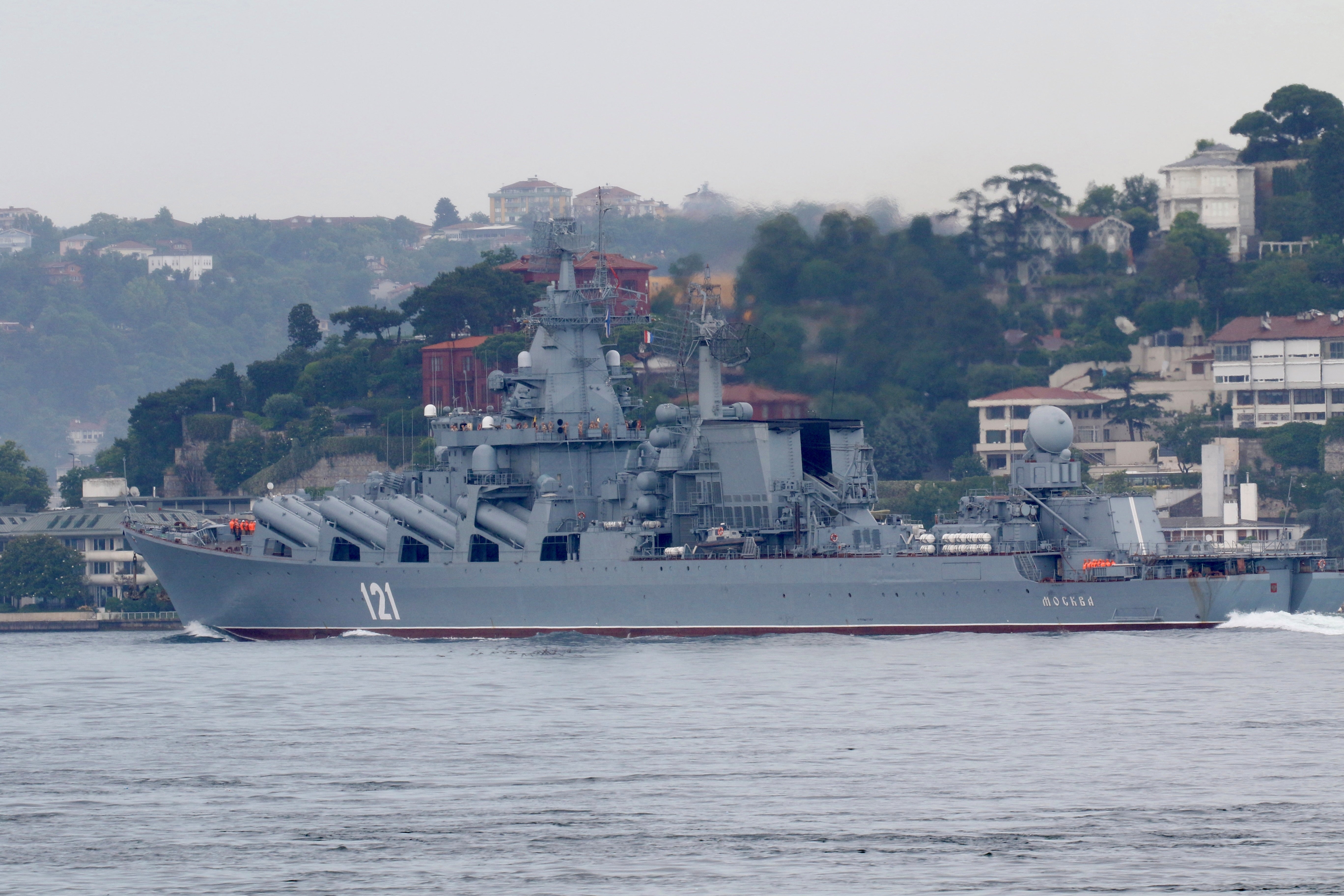 Moskva sails in the Bosphorus, on its way to the Black Sea, in July 2021