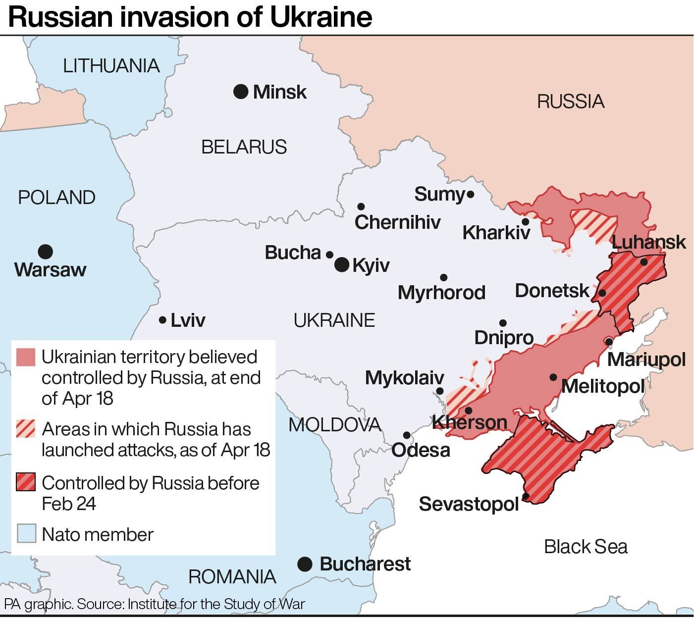 Este mapa muestra el alcance de la invasión rusa en Ucrania