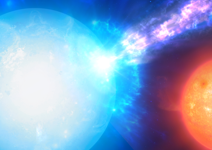 <p>Impresión artística de una explosión de micronova desde la base de la corriente de acreción en el polo magnético de una enana blanca en acreción en un sistema estelar binario</p>
