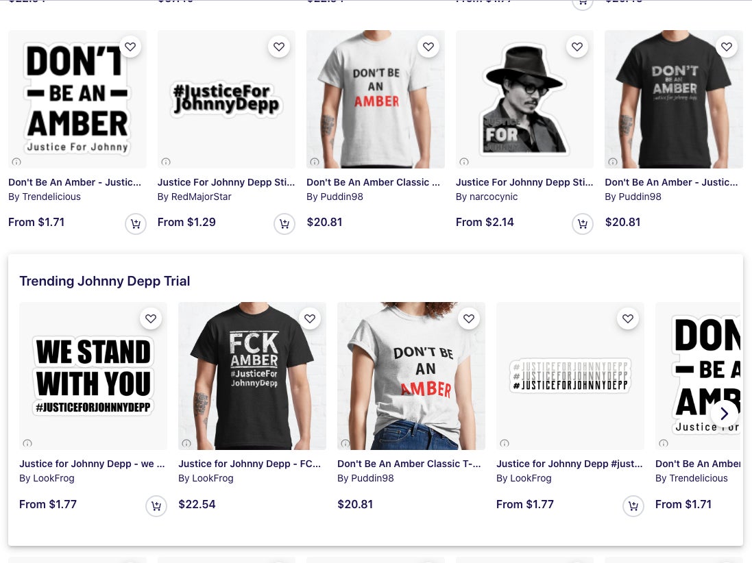 Captura de pantalla de la tienda Redbubble, que vende mercancía del juicio de Johnny Depp