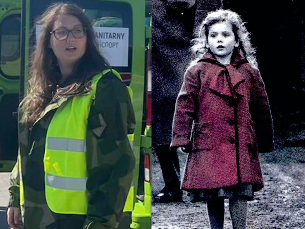 Oliwia Dabrowska de adulta haciendo trabajo voluntario para apoyar a los refugiados ucranianos (izquierda) y de niña en ‘Schindler’s List’ (derecha)