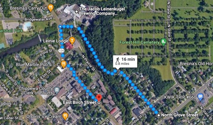 Mapa que muestra la dirección de la tía de Lily en North Grove Street, su casa en East Birch Street y la cervecería Leinenkugel cerca de donde se encontró su cuerpo