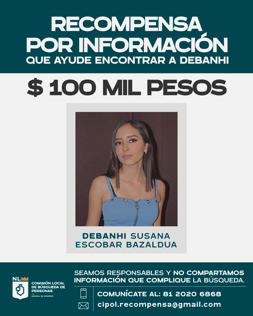 Cartel de búsqueda de Debanhi Escobar publicado por la Comisión Local de Búsqueda de Personas de Monterrey, Nuevo León, el pasado 15 de abril