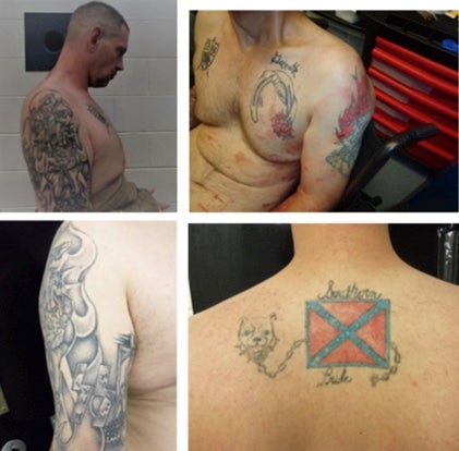 White tiene tatuajes relacionados con bandas de supremacistas blancos y lo que parece ser la bandera confederada