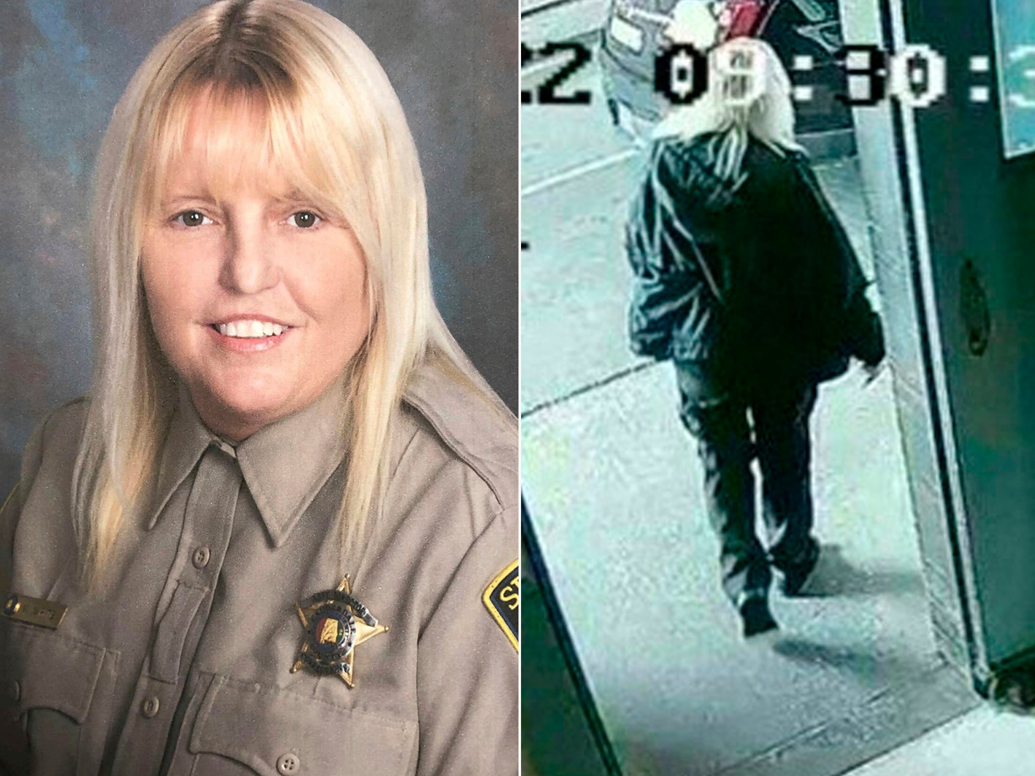 Vicky White fotografiada con su uniforme (izquierda) y en las cámaras de vigilancia en el momento en que ayudó a su amante a huir de la cárcel (derecha)