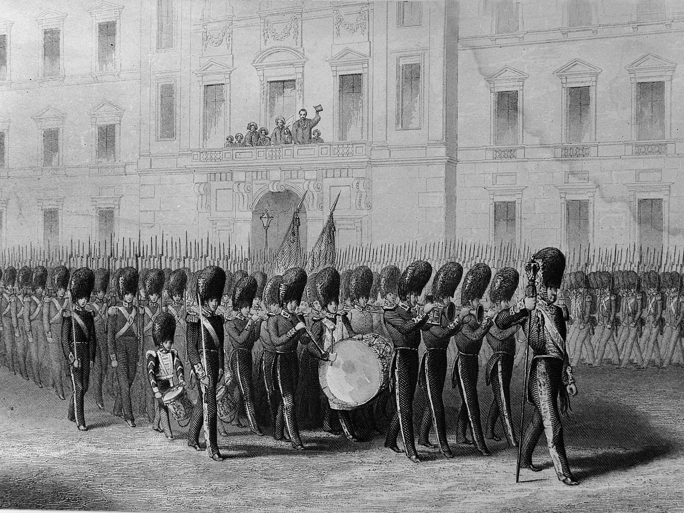 El boceto de unos soldados que se dirigen a la guerra de Crimea marchando frente a la reina Victoria en 1853