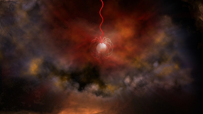 Concepción artística de una estrella de neutrones con un campo magnético ultrafuerte, llamado magnetar, que emite ondas de radio (rojas); los magnetares son uno de los principales candidatos a generar ráfagas de radio rápidas