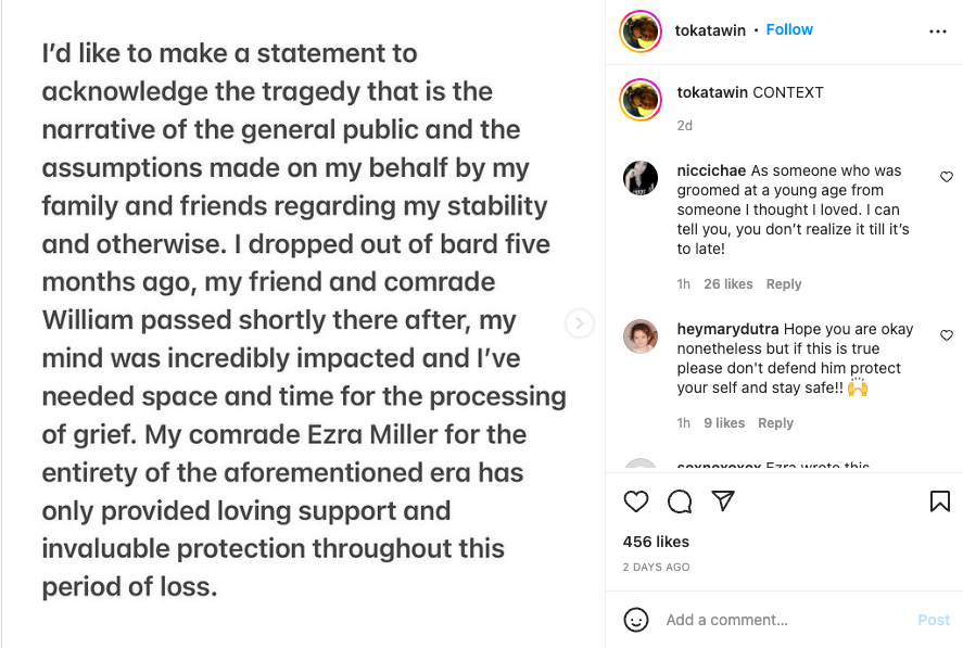 Declaración de Tokata en su Instagram