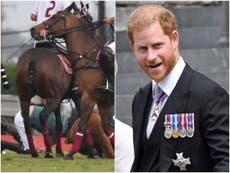 El príncipe Harry se cae de su caballo durante un partido de polo en California