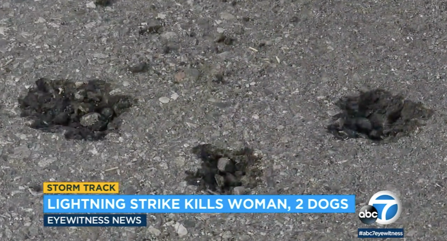 El rayo que cayó sobre Mendoza y sus dos perros agrietó el asfalto, y dejó tras de sí agujeros en el suelo donde se encontraban las patas de ella y de sus perros
