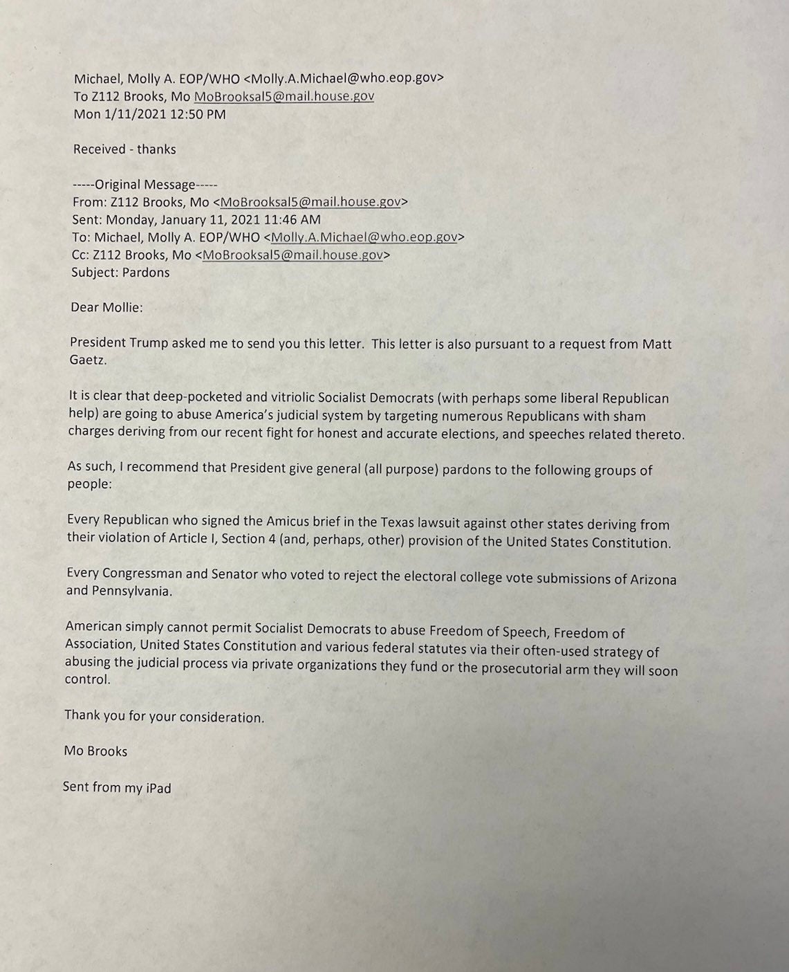 Carta de Mo Brooks pidiendo un indulto