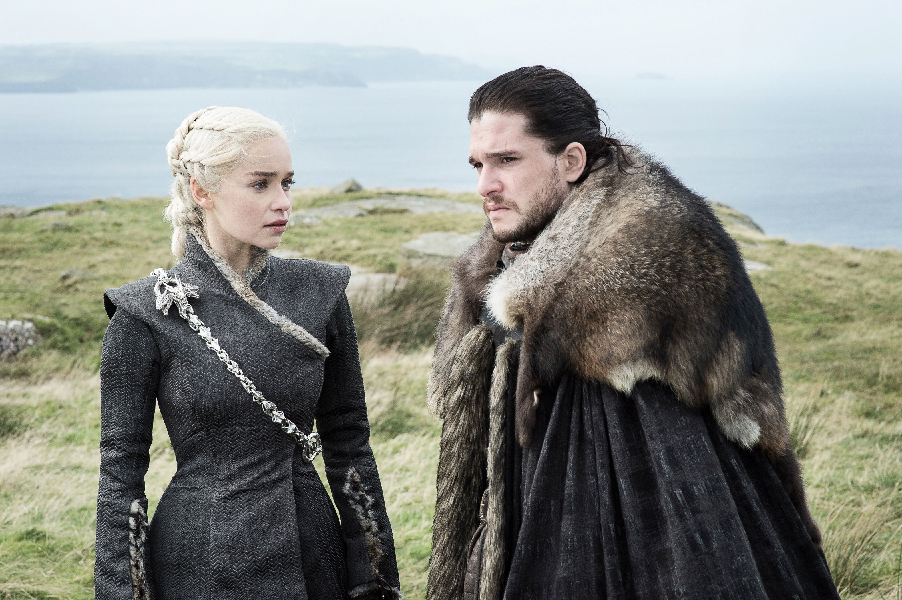 Kit Harington, right, as Jon Snow in Game Of Thrones alongside Emilia Clarke as Daenerys Targaryen (HBO/PA)