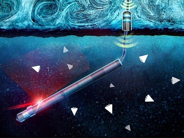 Una ilustración de los diminutos robots en forma de cuña -conocidos colectivamente como SWIM (Sensores con Micronadadores Independientes)- desplegados en el océano a kilómetros de distancia de un módulo de aterrizaje en la superficie helada de un mundo oceánico