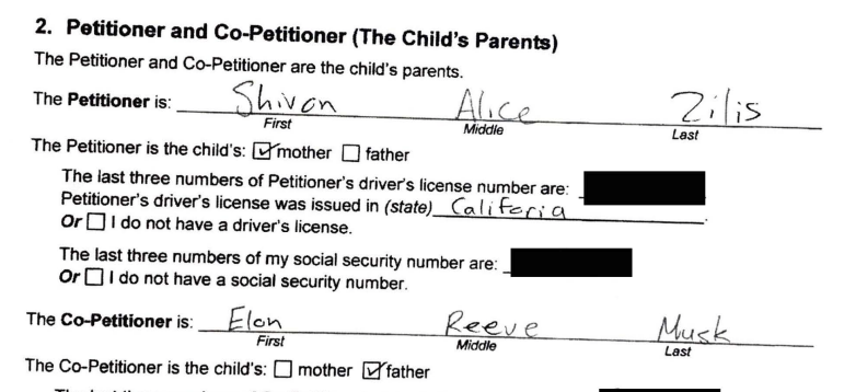 Una captura de pantalla de los documentos del tribunal de Texas que muestran que Musk y la ejecutiva de Neuralink, Shivon Alice Zilis, solicitaron un cambio de nombre para los niños que tuvieron juntos