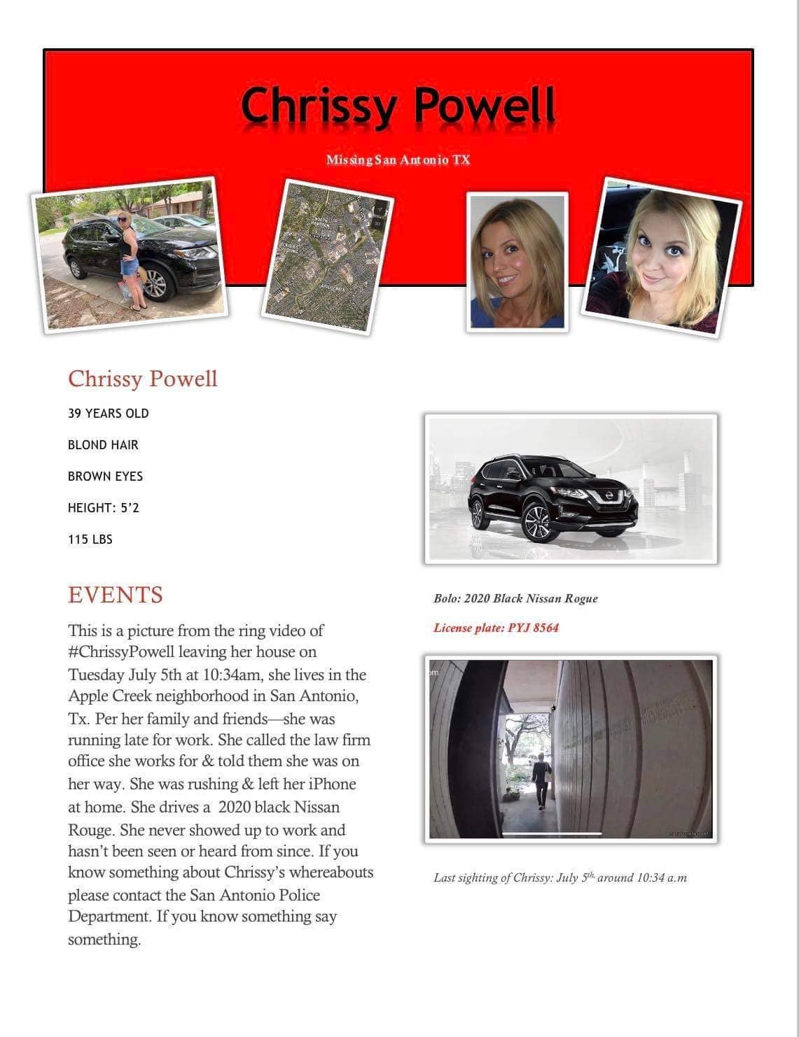 El folleto de persona desaparecida de Chrissy Powell, de 39 años, describe el último lugar conocido en el que fue vista con vida y el Nissan Rogue negro 2020 que conducía