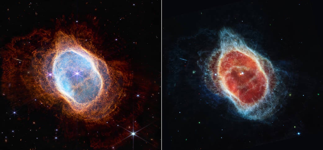 Webb captó imágenes de la nebulosa del anillo sur en luz infrarroja cercana (izquierda) e infrarroja media (derecha)