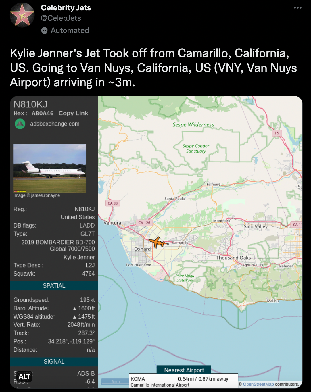 Ruta de vuelo de Kylie Jenner
