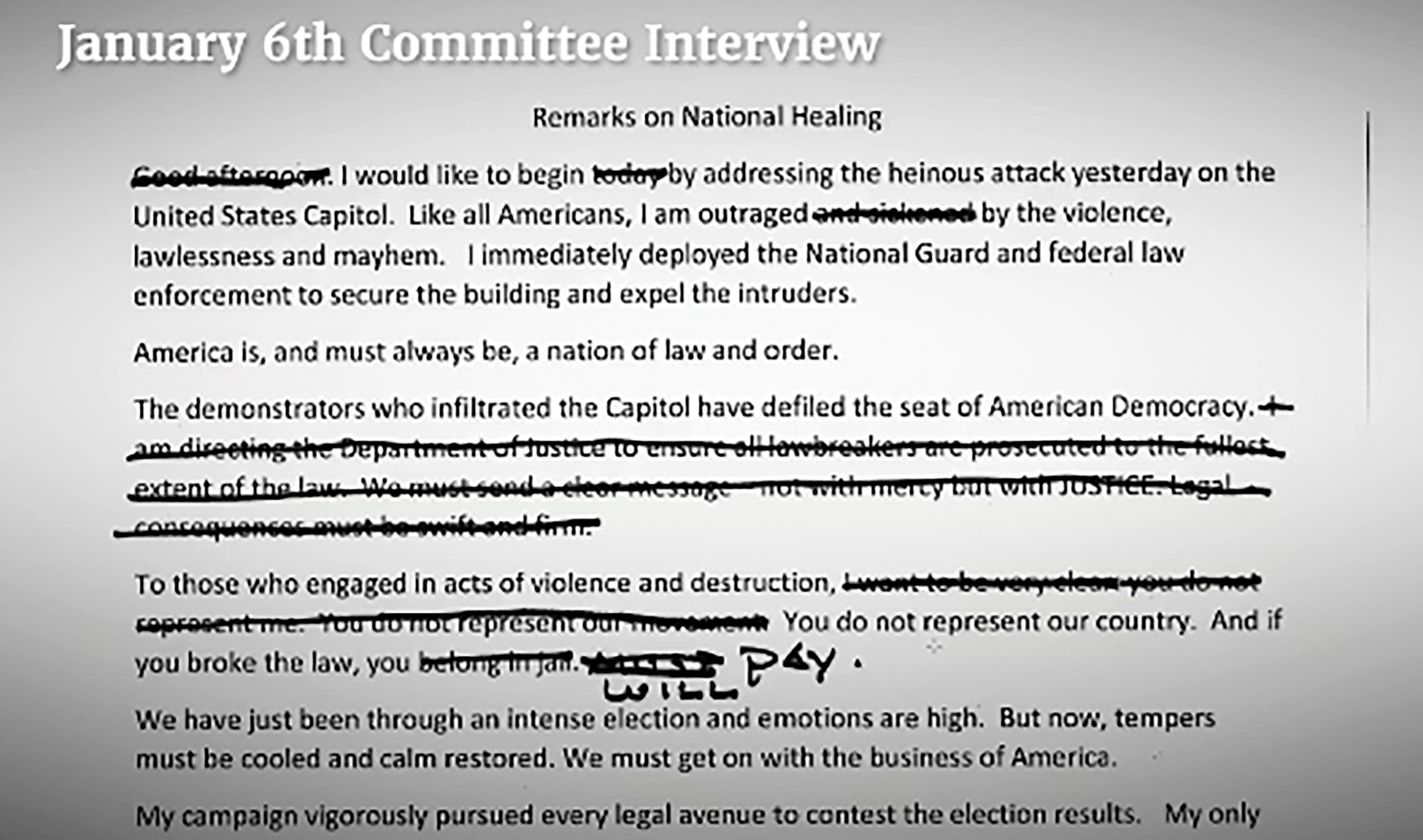 Nuevo vídeo del panel del 6 de enero muestra que Trump suavizó el discurso para los alborotadores