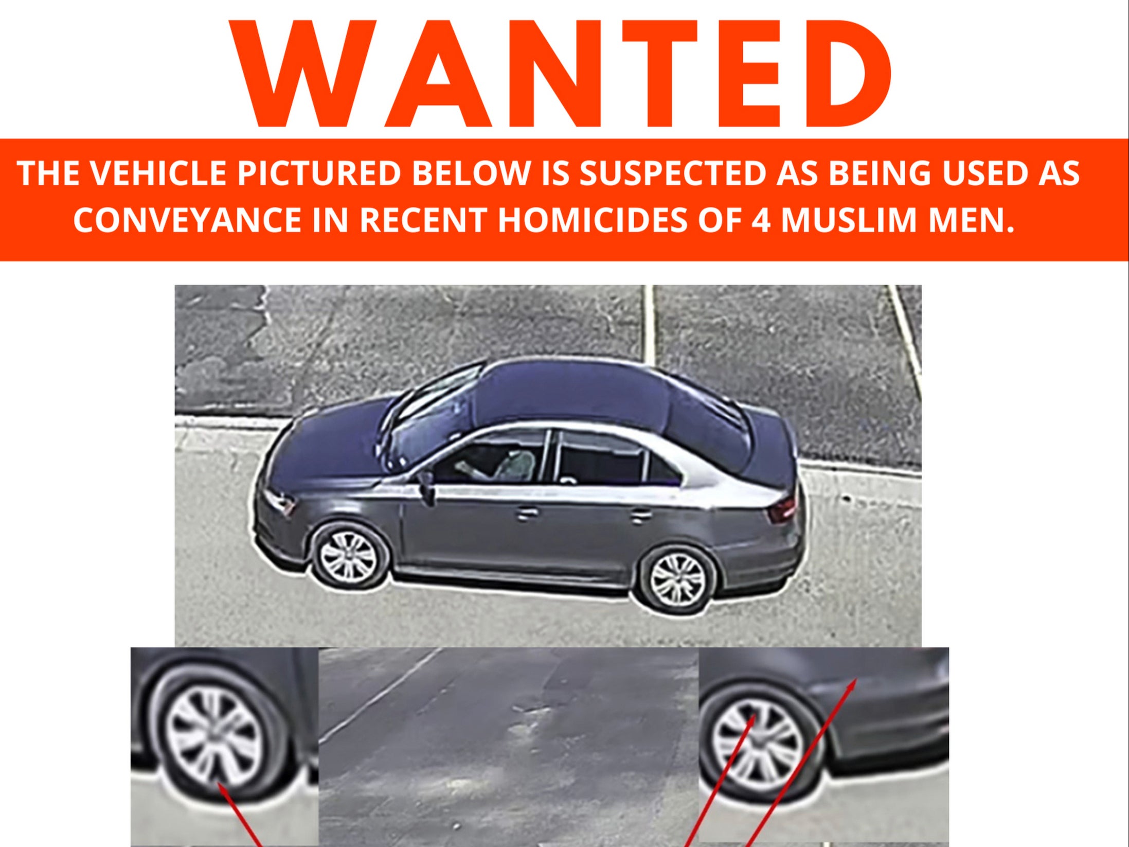 Este cartel de búsqueda publicado el domingo 7 de agosto por la policía de Albuquerque muestra un automóvil que se sospecha fue usado como transporte en los recientes homicidios de cuatro hombres musulmanes