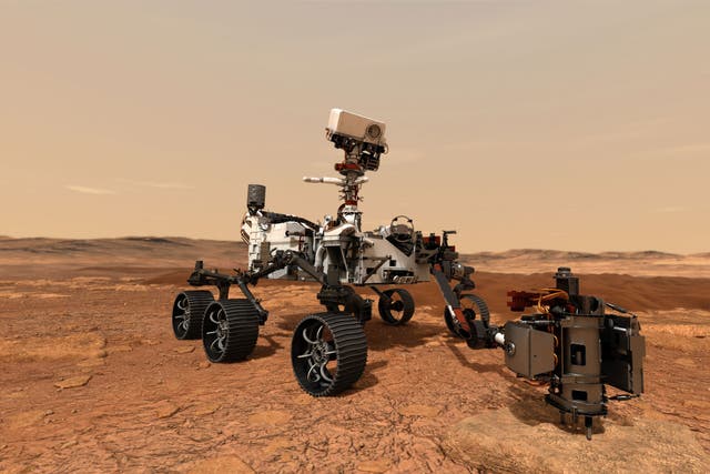 <p>Ilustración de la NASA del vehículo explorador Perseverance en Marte</p>