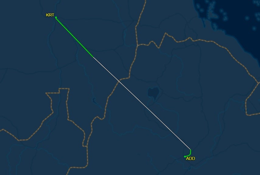 Trayectoria de vuelo ordinaria de la ruta de Jartum a Addis Abeba, vista el 14 de agosto. FlightAware mostró que los vuelos de otros días, excepto el 15 de agosto, tenían rutas similares