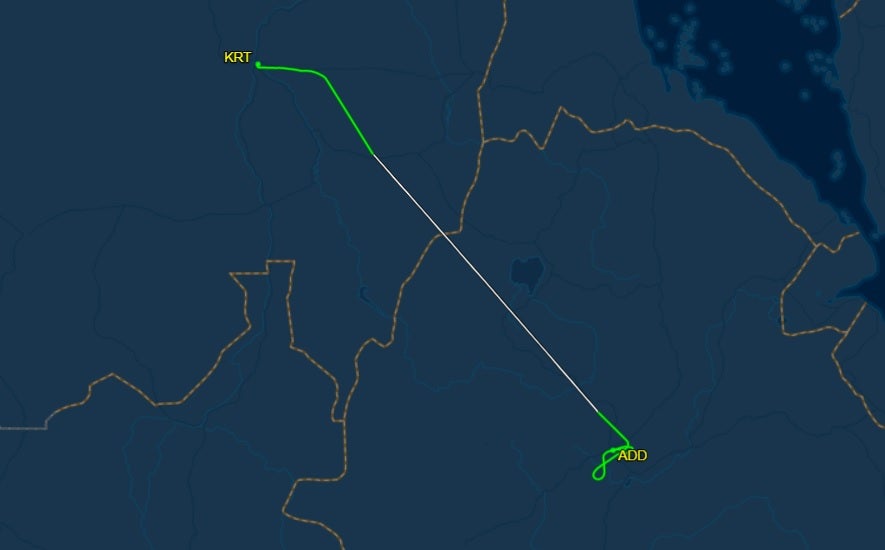 Trayectoria de la ruta de Jartum a Addis Abeba vista el 15 de agosto, cuando el vuelo no aterrizó en el aeropuerto